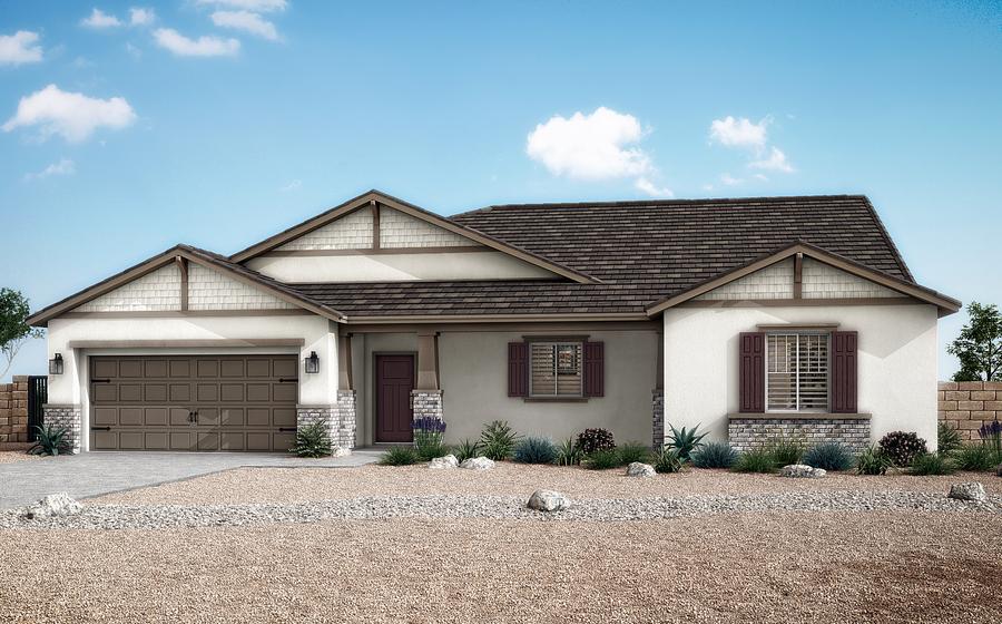 The Pismo plan has a stucco exterior with shake siding and brick detailing.