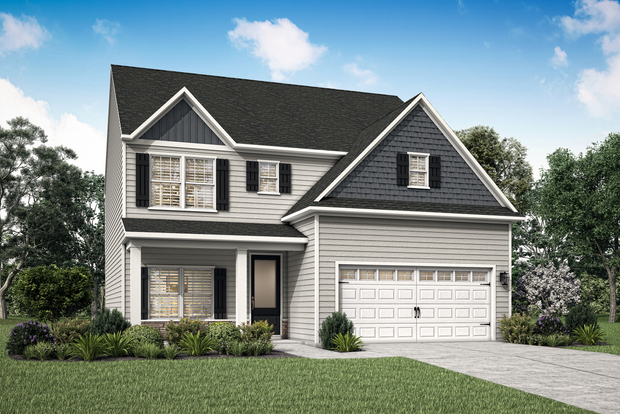 Two-story exterior elevation of the Hartford with stone and shake shingle accents.