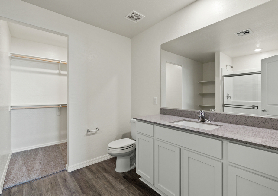 The master bathroom of the Castle has a spacious vanity.