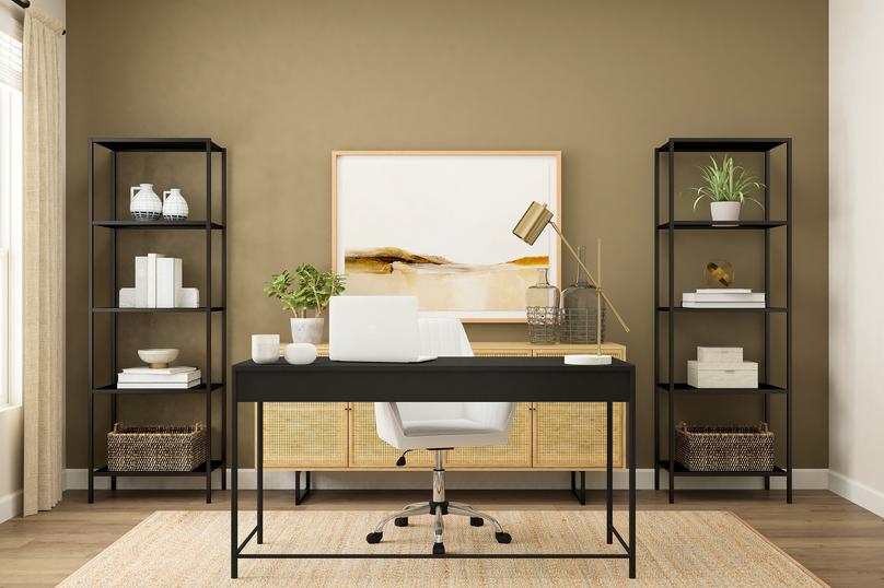 Rendering of the flex space in the
  Superior furnished as an office. The room has a large window and wood-style
  flooring and is decorated with a desk, storage cabinet and two bookshelves.