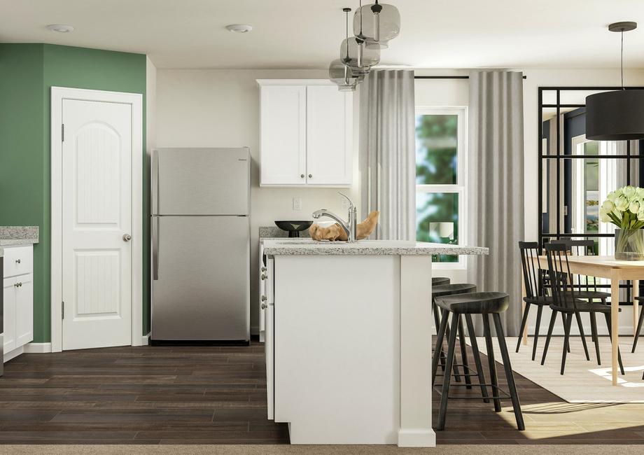 Rendering of the kitchen with vinyl plank
  flooring, white cabinetry and stainless steel appliances.Â 