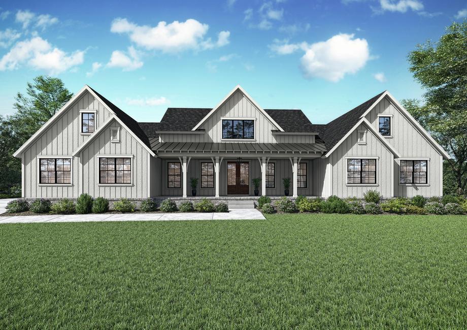 Elevation rendering of the two-story Tallulah with white siding, a large covered front porch and an attached sideload garage.