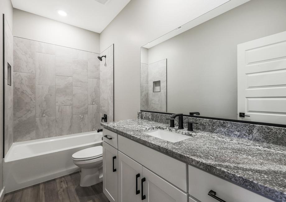 Secondary bathroom with expansive counterspace and a dual shower and tub.