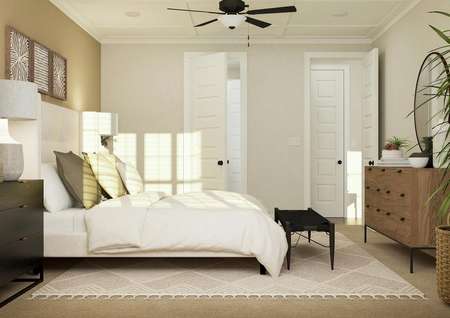 Rendering of master bedroom furnished
  with a large bed, side tables and a dresser.