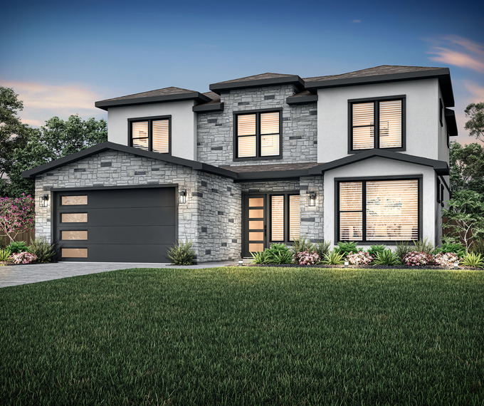 Exterior dusk elevation rendering of the Wright.