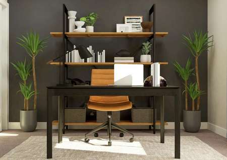 Rendering of office furnished with a dark
  desk and chair. This room also has shelving and décor.