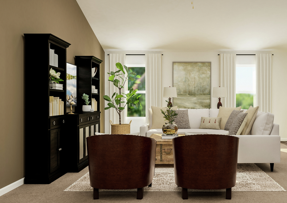 Rendering of the living room furnished  with a sectional couch, two arm chairs, coffee table and media center.