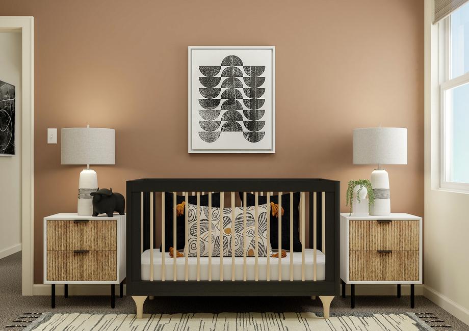 Rendering of a secondary bedroom
  converted into a nursery featuring furniture and dÃ©cor.