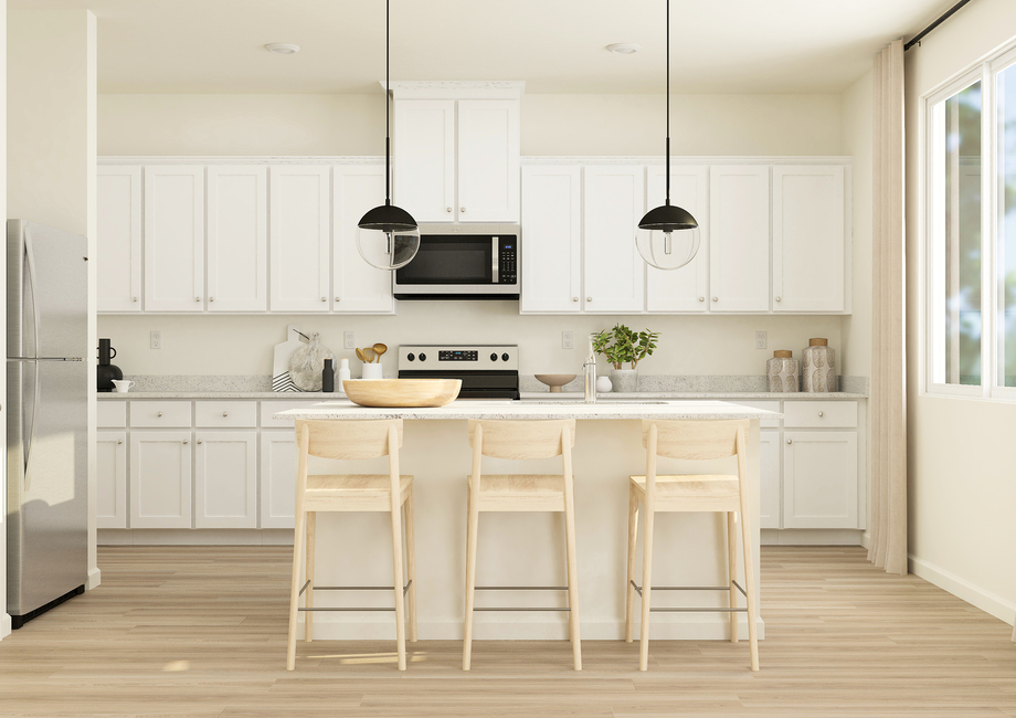 Rendering of a
  kitchen with white cabinetry and stainless-steel appliances. There are three
  wooden barstools at the counter.Â 