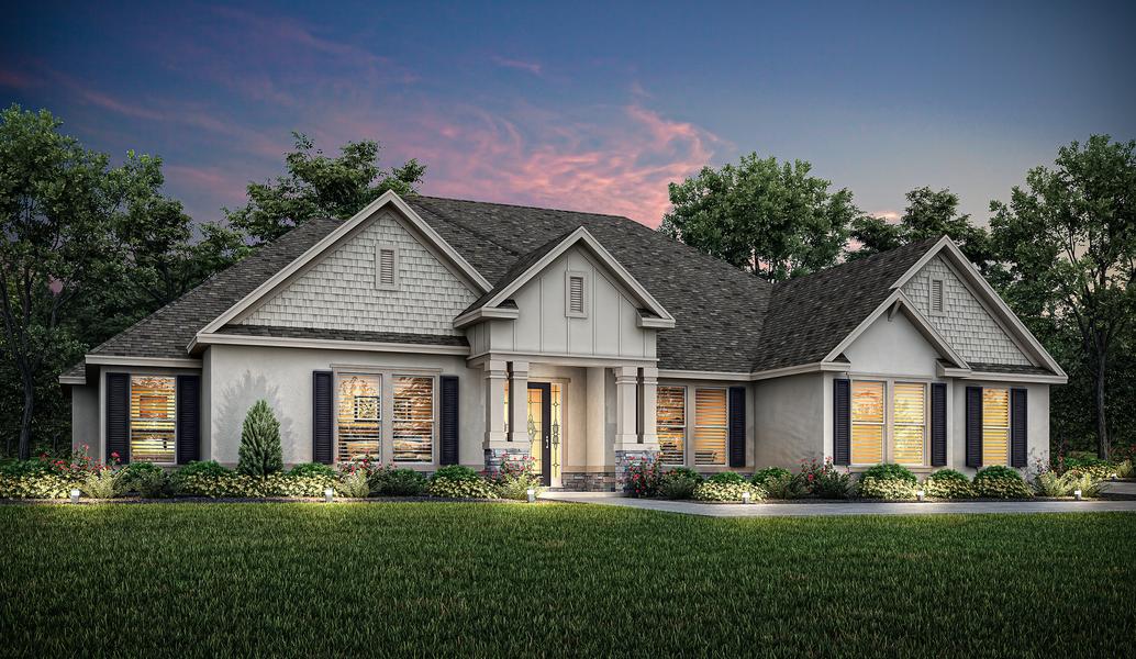 Single-story Mantle elevation rendering at dusk with stucco and stone accents.