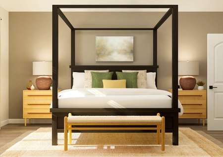 Rendering of the large master suite
  furnished with a four-poster bed, two nightstands and a bench. The room has
  wood-look vinyl plank flooring and a large window.