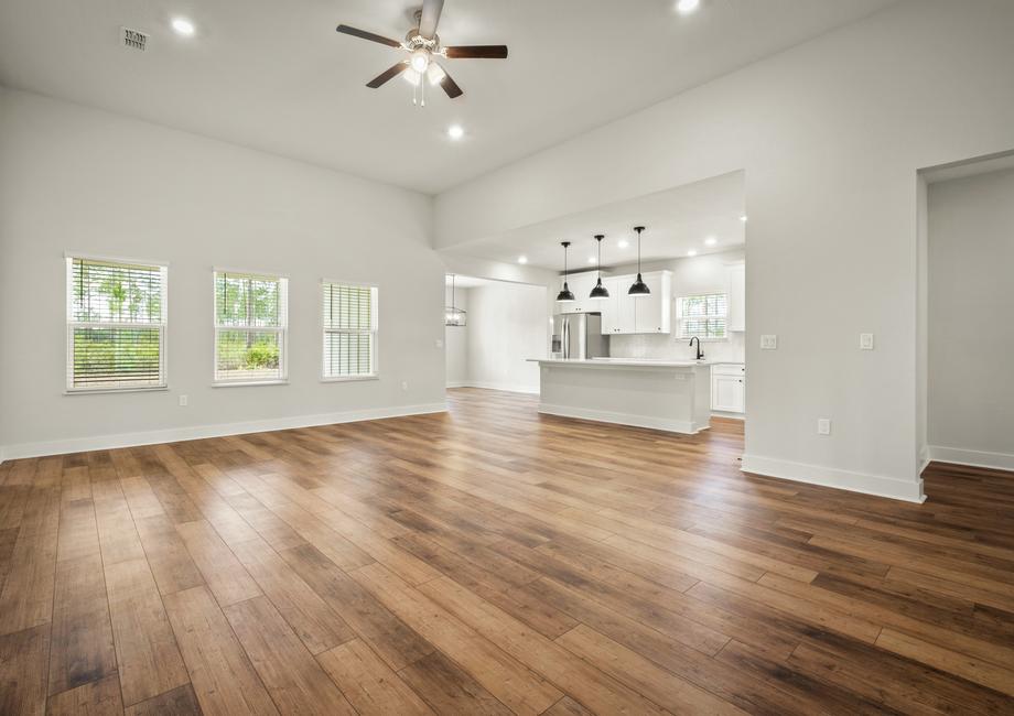 The family room is located off the kitchen.