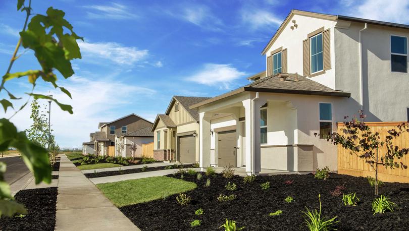 Streetline view of stucco homes.