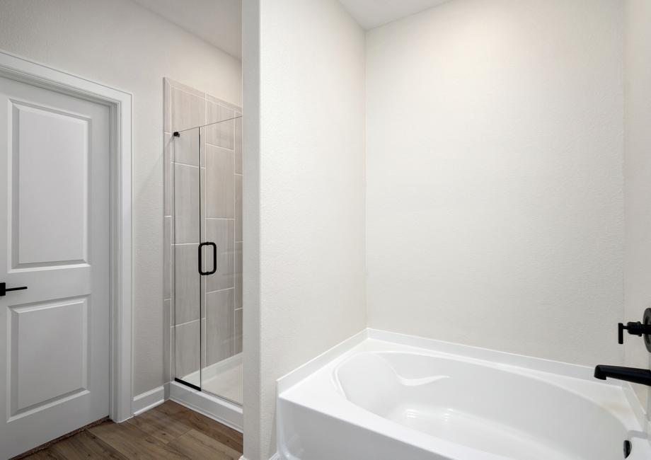 The master bathroom has a soaking tub and step in shower. 