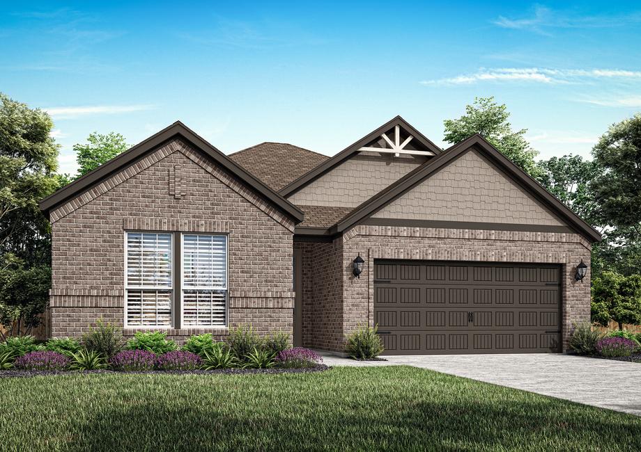 A rendering of the Ranch floor plan with lush landscaping
