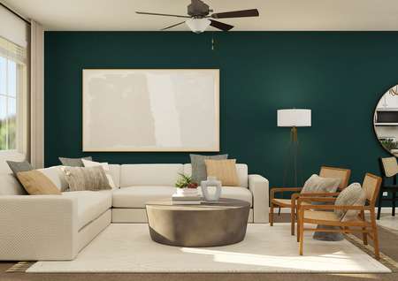 Rendering of a
  living room furnished with a white sectional and two brown side chairs.