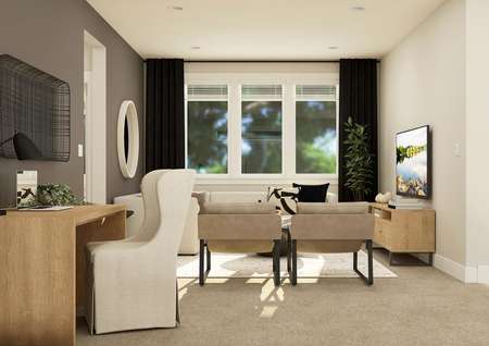 Rendering of bonus room showing a wooden
  desk with a white chair. 