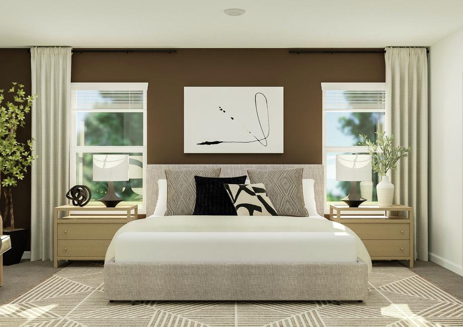 Rendering of the spacious owner's bedroom
  showcasing a large bed, two nightstands, and seating area with natural dÃ©cor
  throughout.