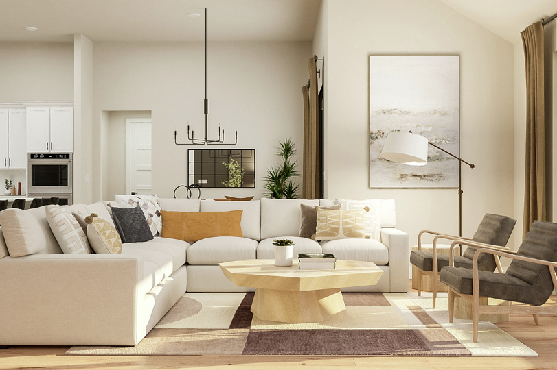Rendering of the living area showing a
  large white sectional, coffee table, matching accent chairs, a view of the
  dining area and kitchen in the background, and light wood flooring
  throughout.