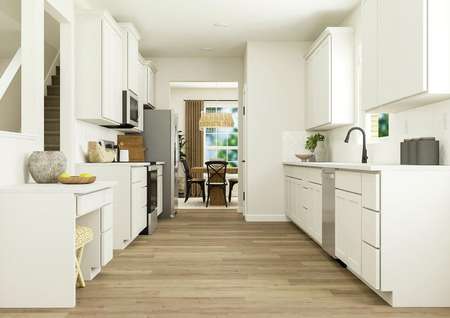Rendering of kitchen with
  white cabinets and stainless-steel appliances. 