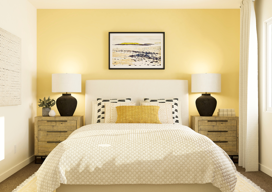 Rendering of a bedroom furnished with a  large bed in between two side tables.