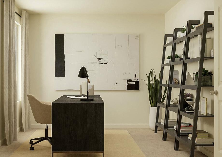Rendering of a secondary bedroom
  decorated with a desk, light tan rug, bookshelves and a large black-and-white
  painting.