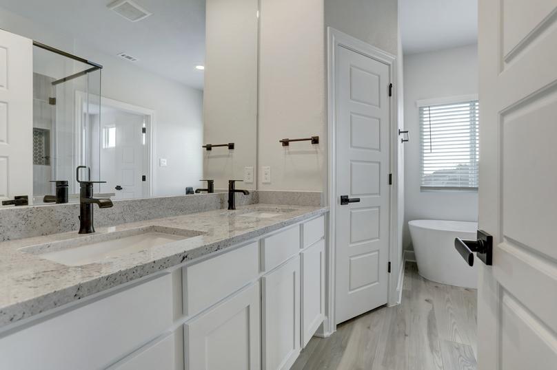 Master bathroom with a dual sink vanity, soaking tub, and walk-in shower.