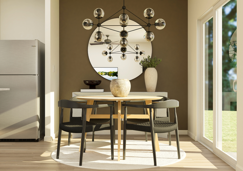 Rendering of a
  breakfast nook furnished with a round table surrounded by four dark chairs.