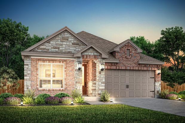 Dusk elevation rendering of the Basswood with brick and stone.