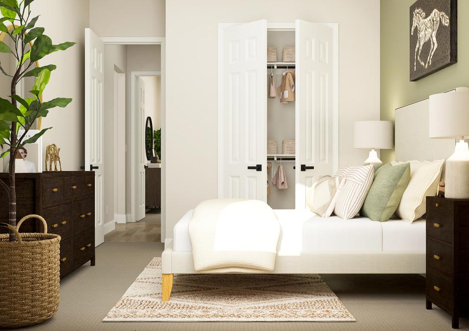 Rendering of a bedroom furnished with a bed, two nightstands, dresser and potted tree. The closet with built-in shelves is on one wall and the hallway is visible through an open door.