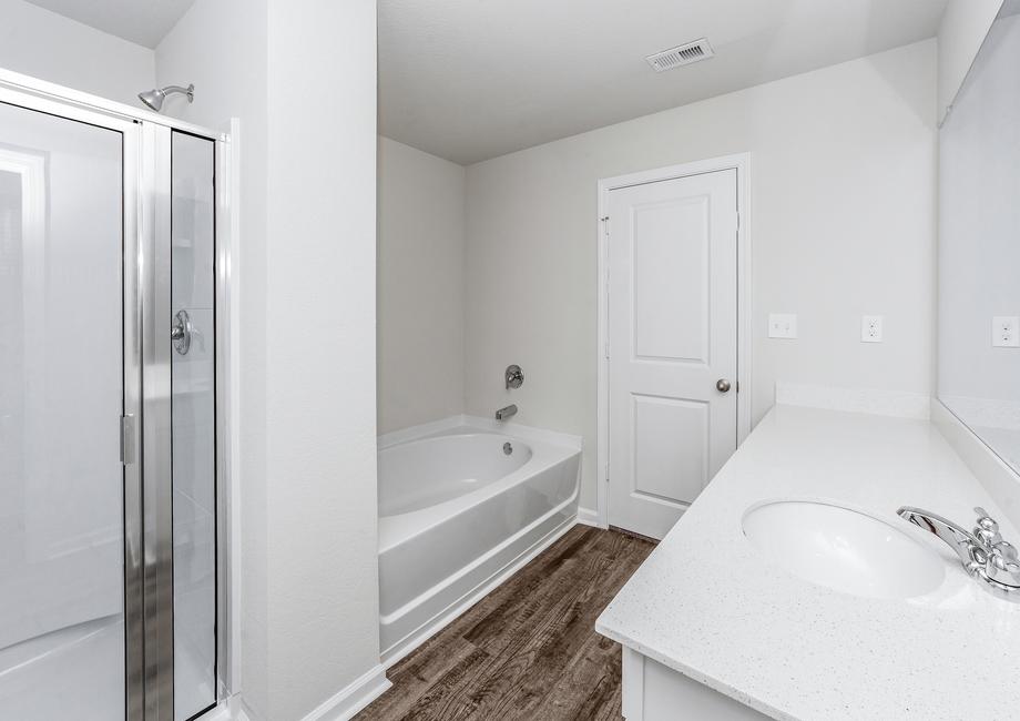 The master bathroom has a walk in shower and tub with a large vanity