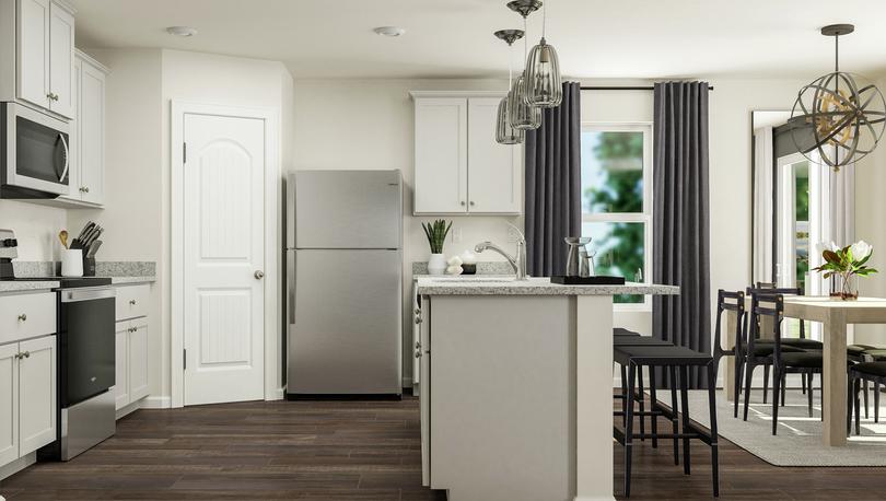 Rendering of the kitchen with vinyl plank
  flooring, white cabinetry and stainless steel appliances. 