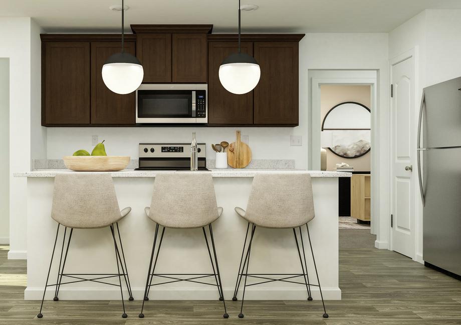 Rendering of the open kitchen, complete
  with a large island and barstools, wooden cabinetry, and stainless steel
  appliances.Â 