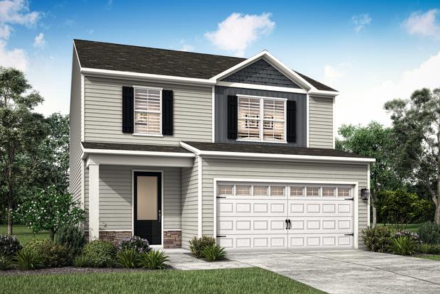 Two-story exterior elevation of the Avery with stone and shake shingle accents.