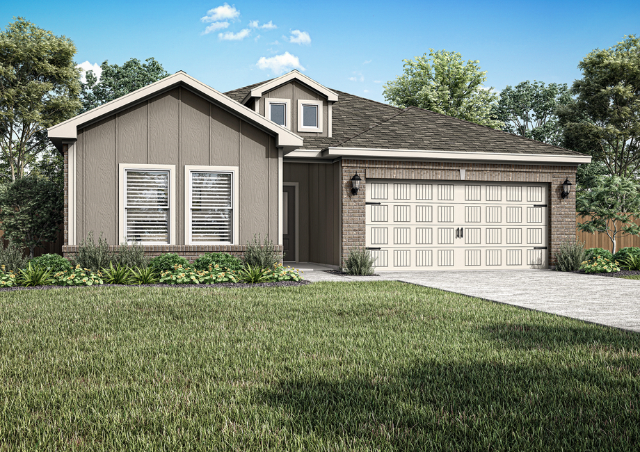 The Dutton is a beautiful, one-story siding home with brick details.
