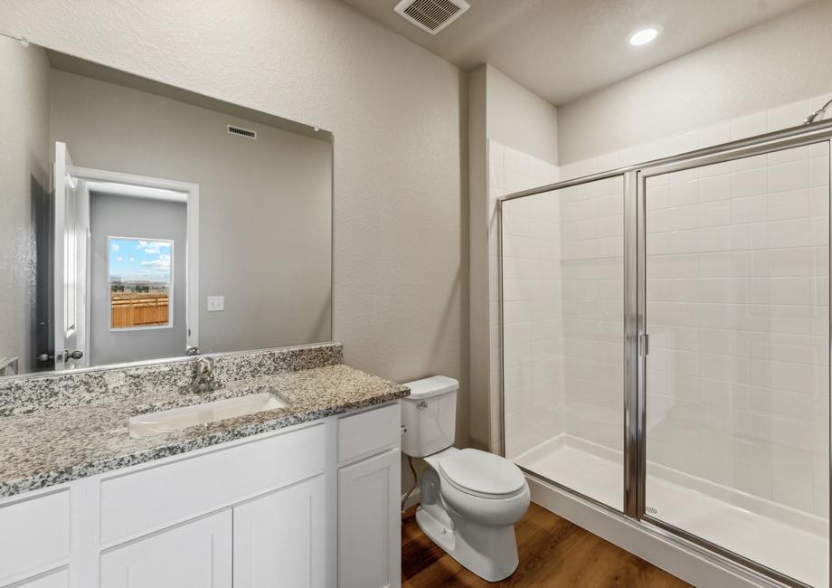The master bathroom has a large vanity and step in shower.