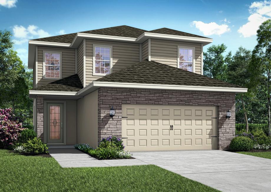 A new-construction home with two floors, and stone wrapping around the two-car garage.