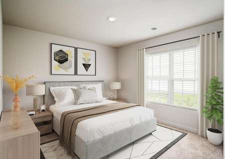 Staged secondary bedroom with bed, dresser, curtains and nightstand.