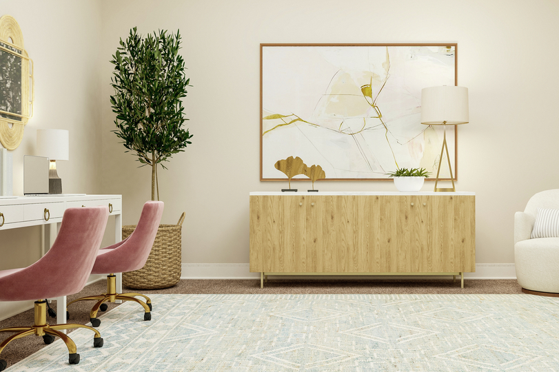 Rendering of a flex space showing two
  white desks and chairs on the left, a large media cabinet with décor center,
  and a white accent chair left with beige carpet flooring throughout.