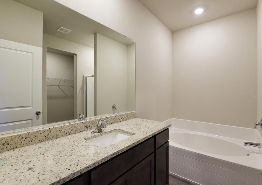 The master bathroom has a soaking tub and a step in shower.