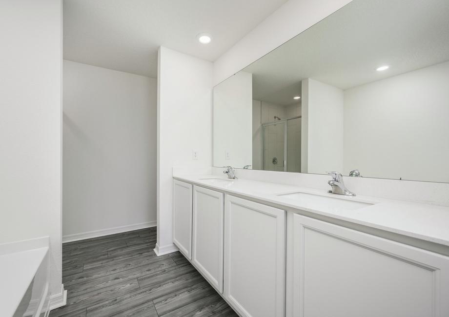 The master bathroom has a spacious vanity