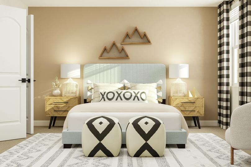 Rendering of a spacious bedroom in the
  Sequoia floor plan. The room has a large bed, two nightstands and an
  armchair.Â 