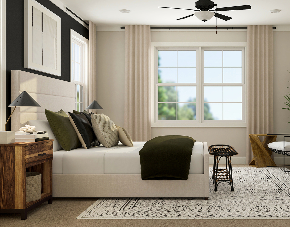 Rendering of master bedroom highlighting
  a large window. This room is also furnished with a large white bed and a dark
  dresser.