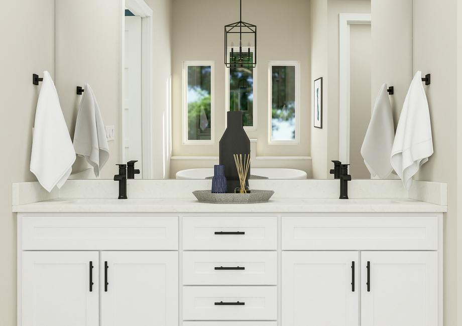 Rendering of the double vanity in the
  master bathroom, featuring quartz countertop and white cabinets.