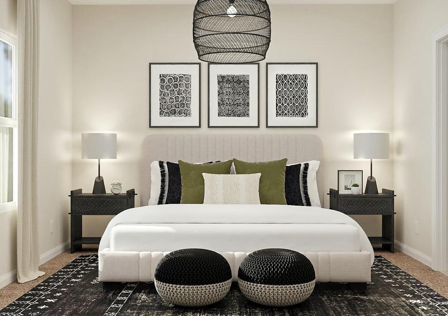 Rendering of the master suite with a
  window, carpeted flooring covered by a black-and-white rug, large bed and two
  nightstands.