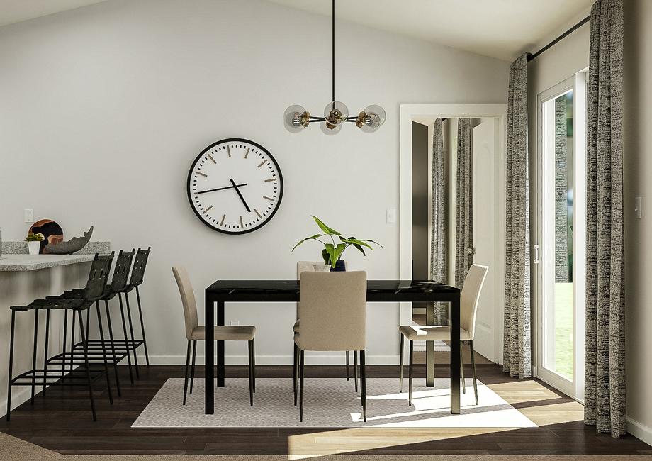 Rendering of the dining room, situated
  between the kitchen and the sliding glass door to the back yard.Â 