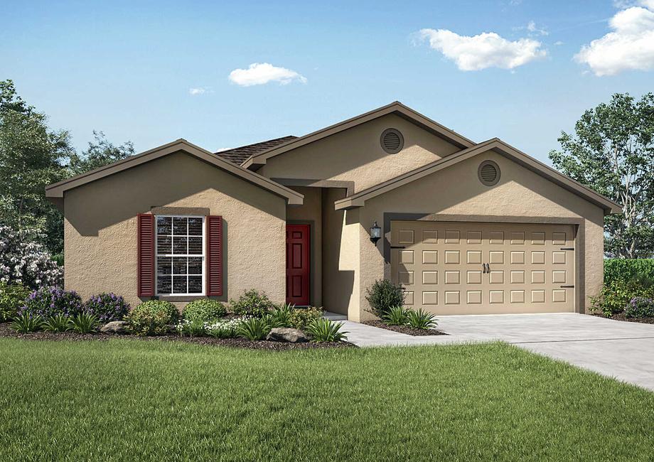 Exterior view of the Capri floor plan model with a two-car garage and a beautifully landscaped front yard.