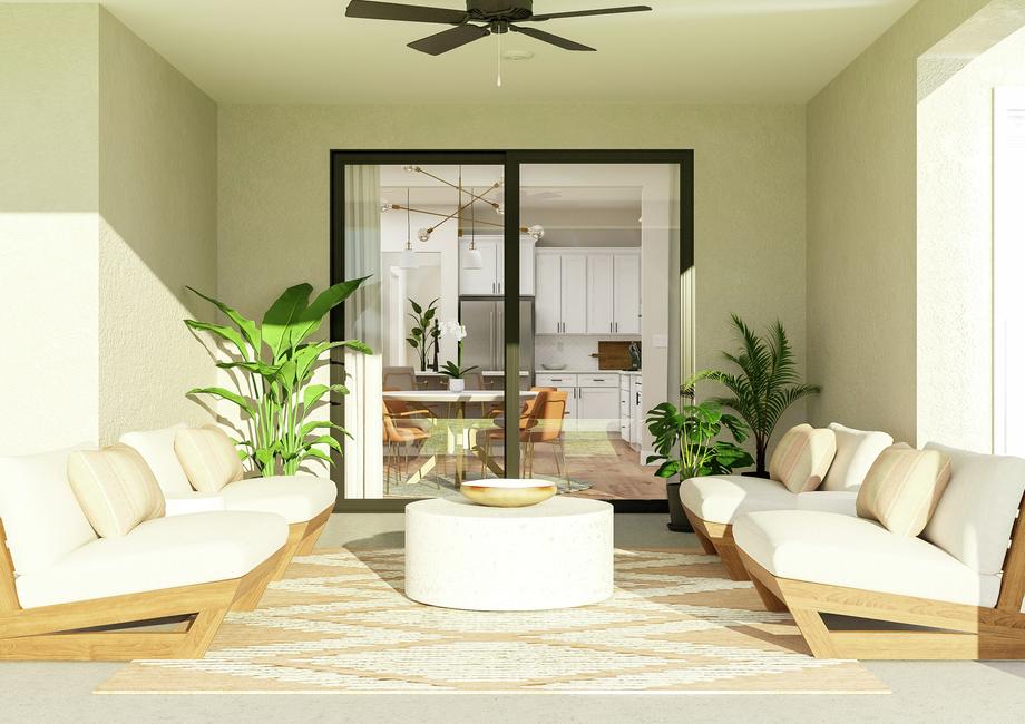 Rendering showcasing four large outdoor
  chairs in front of an expansive backyard. There is also a circular coffee
  table on a striped rug and three potted plants.