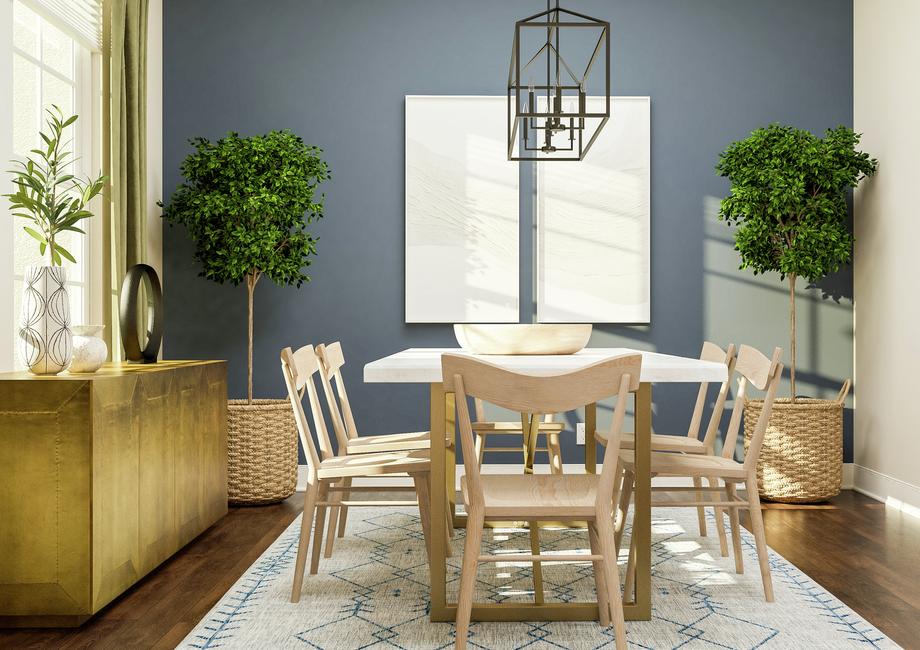 Rendering of a dining room showing a
  large gold media cabinet on the left and a large dining table with chairs
  centered under a metal light fixture in front of a blue accent wall with dark
  wood look flooring throughout.