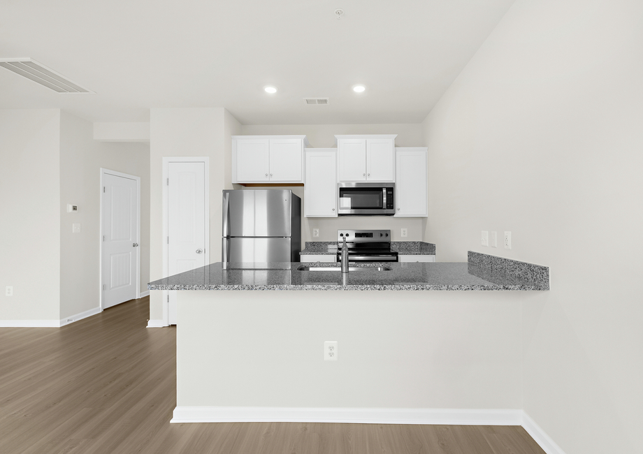 The kitchen comes with wood cabinetry